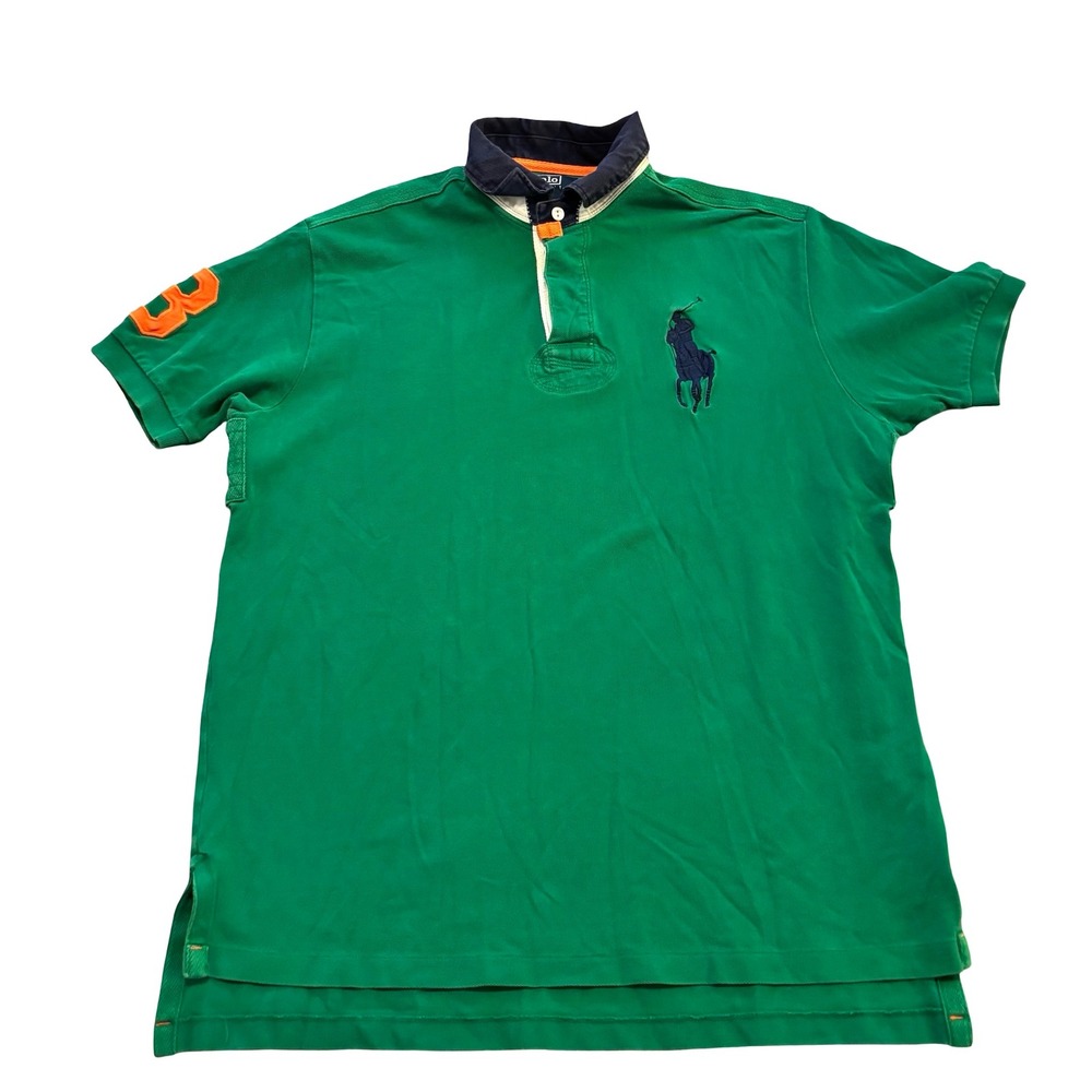 Polo Ralph Lauren Mens Green Big Pony Short Sleeve Rugby Shirt Large 3 Patch